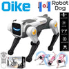 A white and gray interactive robot dog with blue eyes, showing various features like voice command and stunt moves.