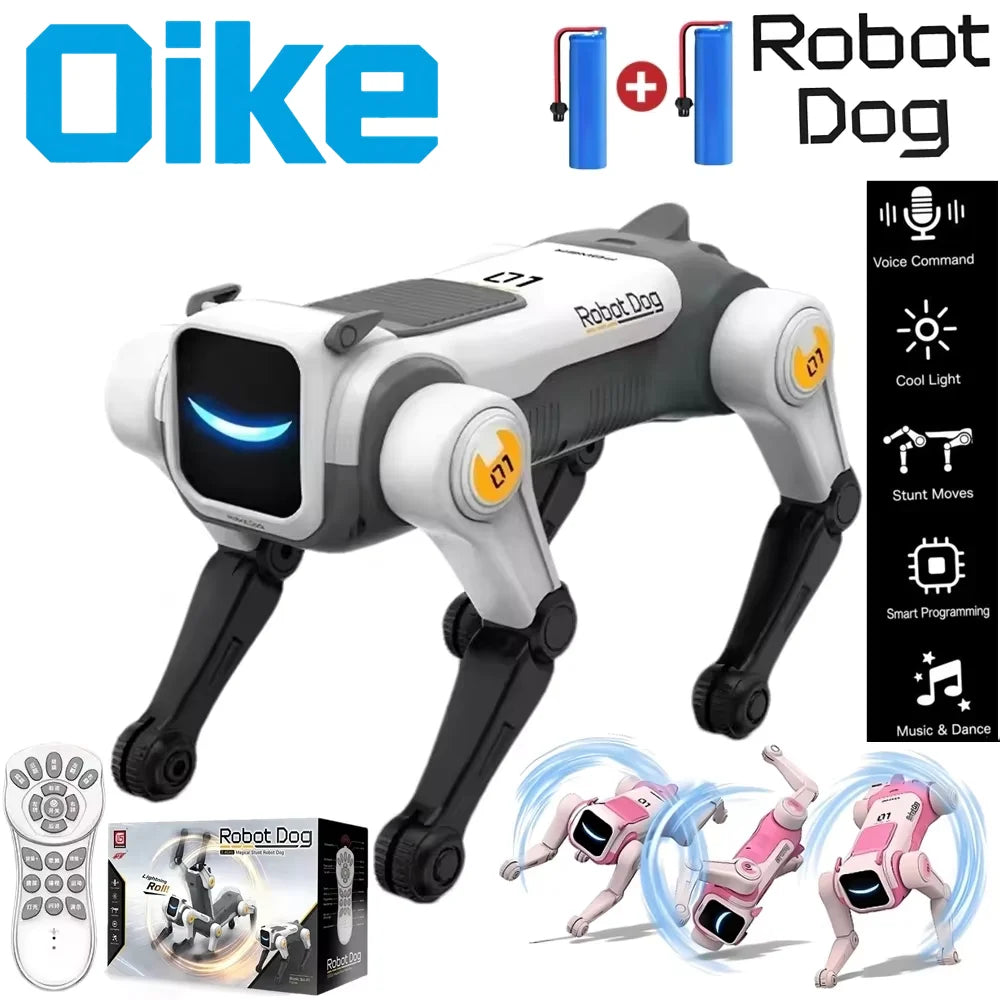 A white and gray interactive robot dog with blue eyes, showing various features like voice command and stunt moves.