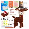 A brown crocheted animal figure resembling a deer or moose, accompanied by yarn, needles, and tools for beginners.