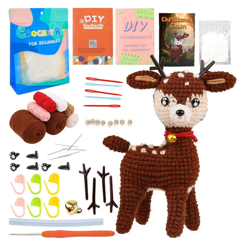A brown crocheted animal figure resembling a deer or moose, accompanied by yarn, needles, and tools for beginners.