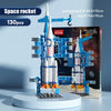 A blue and white space rocket building block set featuring a helicopter and carrier vehicle model.