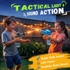 Two children are playing with tactical light and sound action toys, including a sleek slide action blaster and LED flame.