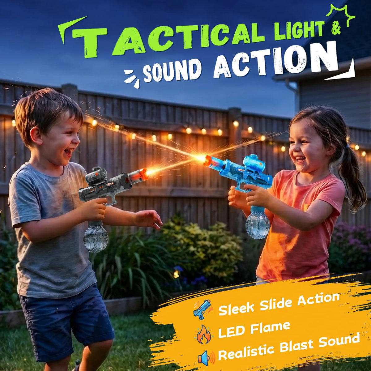 Two children are playing with tactical light and sound action toys, including a sleek slide action blaster and LED flame effe