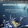 A detailed mechanical shark model built from blue and white building blocks, shown in a close-up against water droplets.