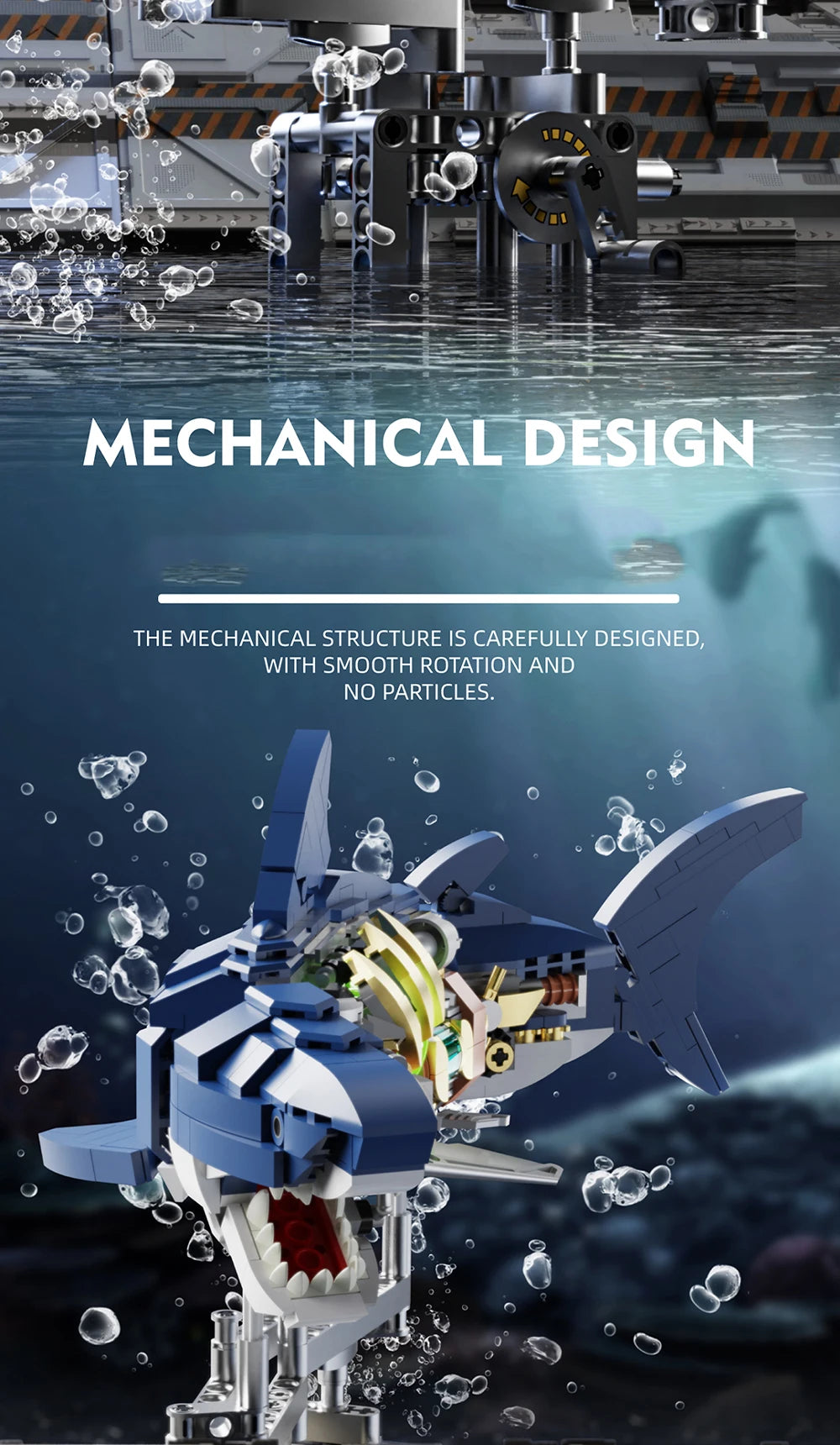 A detailed mechanical shark model built from blue and white building blocks, shown in a close-up against water droplets.