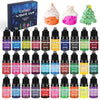 Collection de colorants pour bougies liquides de différentes couleurs : violet, bleu, vert et rose.
