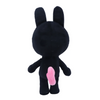 A black bunny plush stuffed animal toy with a pink belly visible.