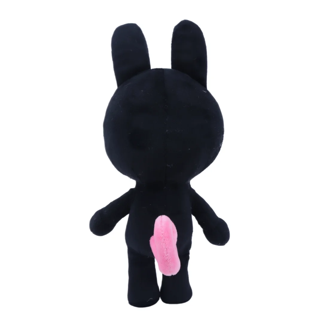 A black bunny plush stuffed animal toy with a pink belly visible.