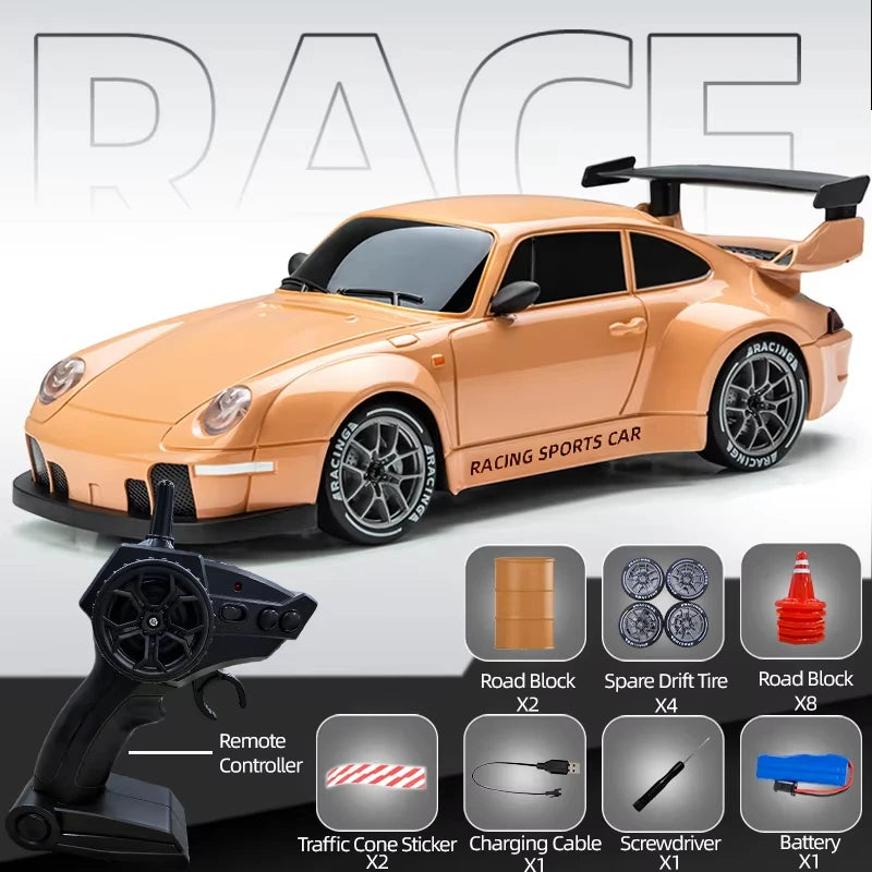 A racing sports car model is shown alongside various accessories including a remote controller, traffic cone stickers, and a 