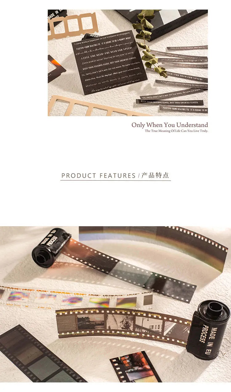 A collection of film strips and photographic paper samples are displayed on a light background.