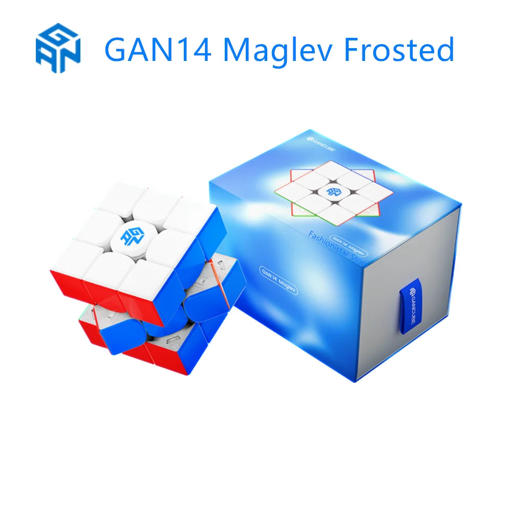 A blue box containing a GAN14 Maglev Frosted puzzle cube with magnetic pieces visible.