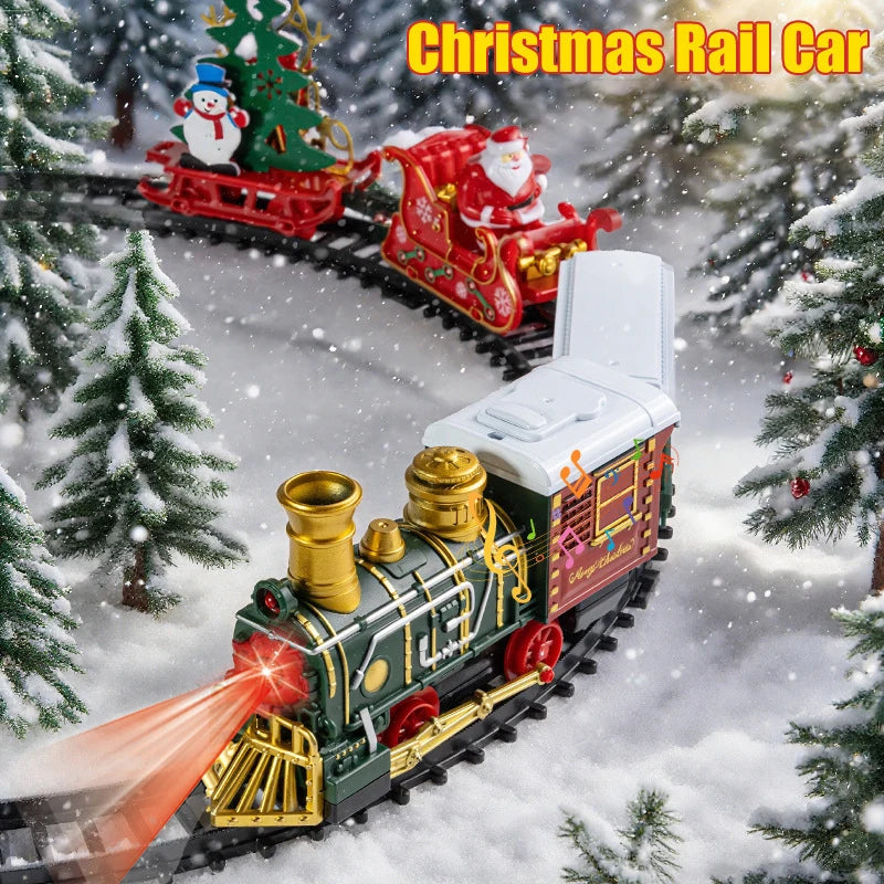 A festive Christmas train set featuring a green locomotive, Santa, and a snowman moving through a snowy winter landscape.