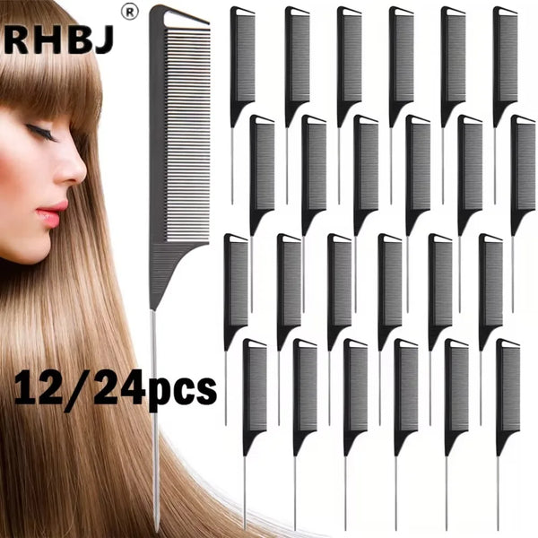 A set of professional heat-resistant cutting combs shown next to a woman's hair.