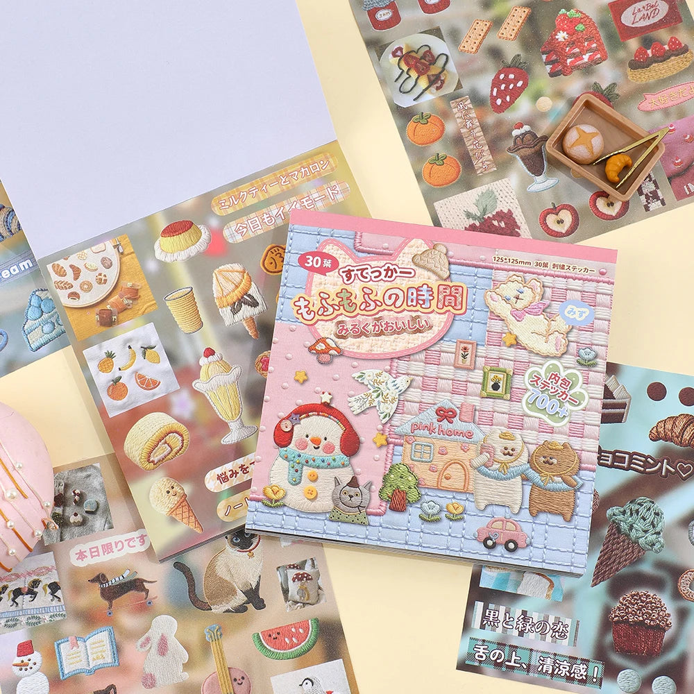 A collection of 30 kawaii embroidery-style stickers featuring cute food items and characters on a sheet of paper.