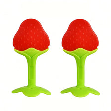 A pair of red, fruit-shaped silicone baby teethers with bright green bases.