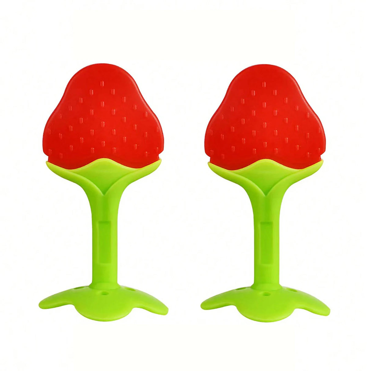 A pair of red, fruit-shaped silicone baby teethers with bright green bases.