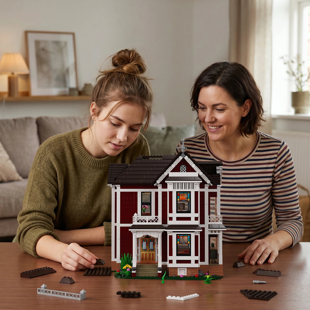 Two women examine a detailed miniature model of Halliwell Manor built from wooden blocks.