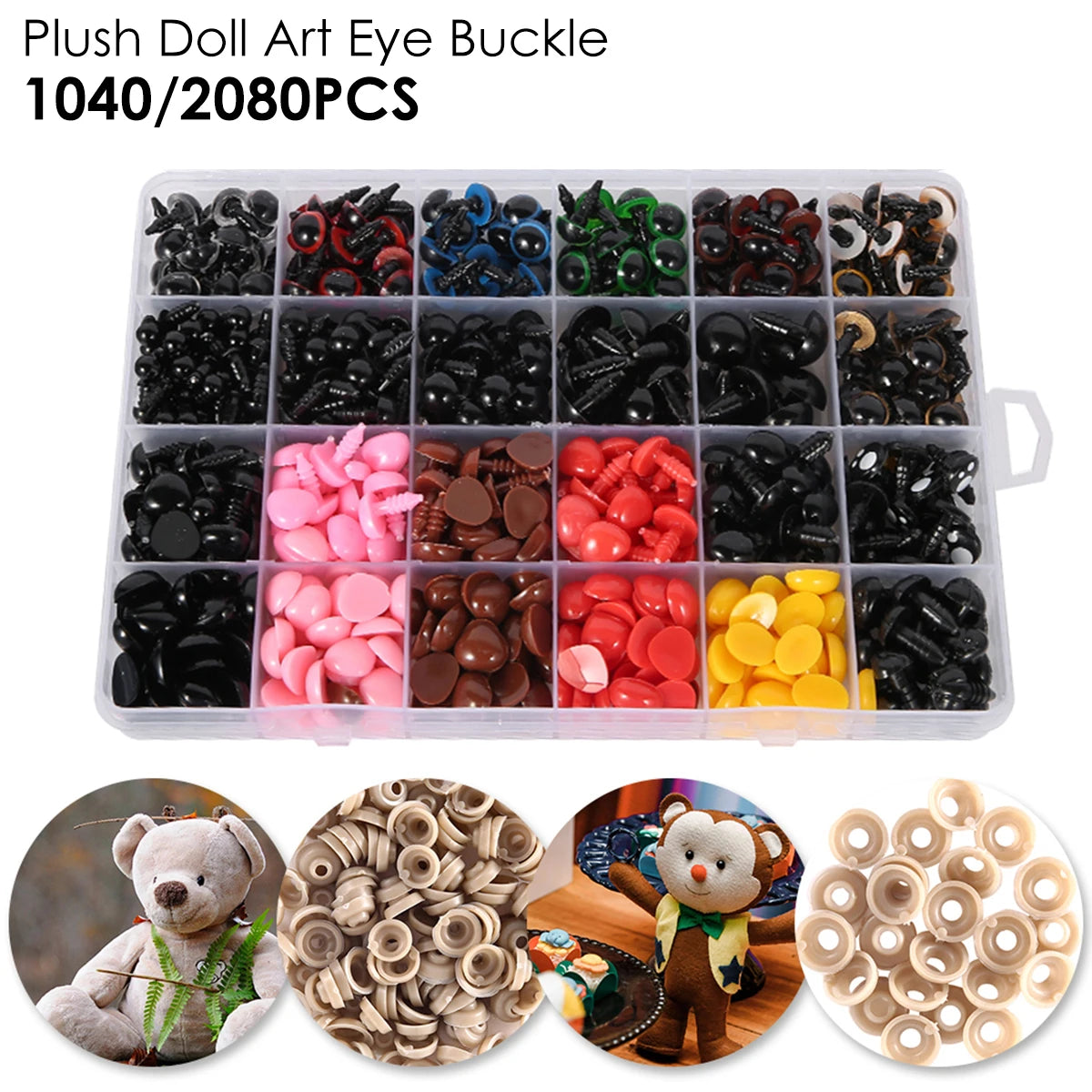 A variety of plastic safety eyes and noses in various colors are displayed, along with examples on stuffed animals.