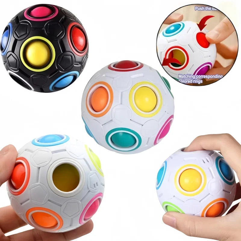 A collection of colorful foam cubes and a hand demonstrating the matching colored rings for a fidget toy.