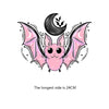 A cute pink bat design with black wings and a crescent moon silhouette.