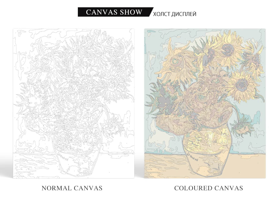 Comparison of normal and coloured canvas paint by numbers kits featuring scenery artwork.