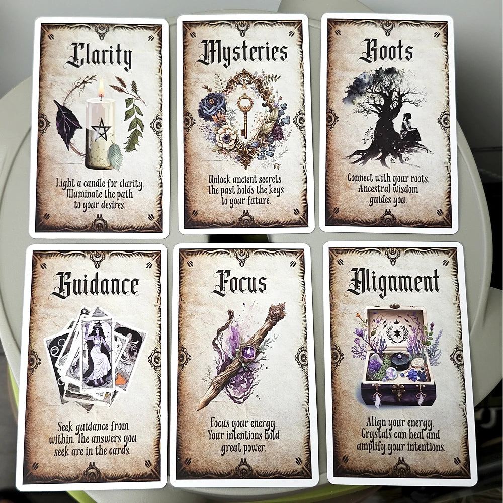Un jeu de cartes oracles tarot avec des thèmes comme la clarté, les mystères, les racines, le guidage, la concentration et l'