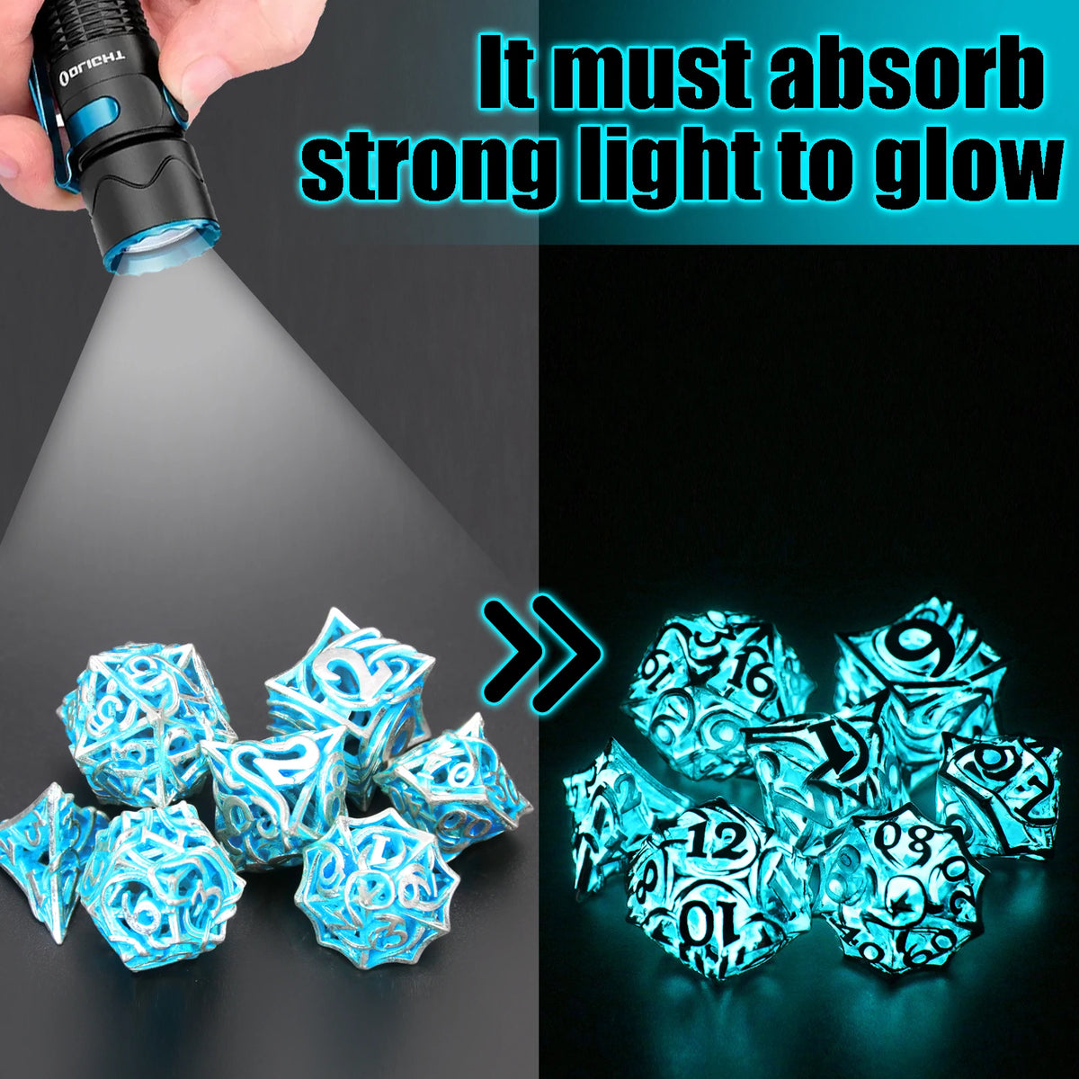 A hand holds a flashlight illuminating a set of glowing blue polyhedral dice.