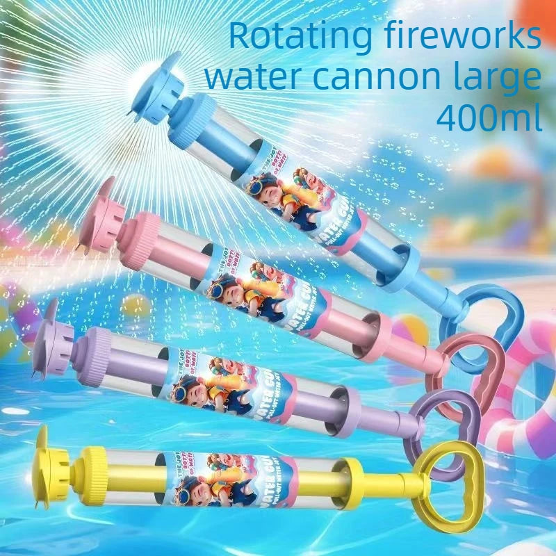 A large 400ml rotating fireworks water cannon toy with a purple and silver design being launched.