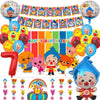 A collection of colorful balloon party decorations featuring circus clown themes and balloons for children's birthdays.