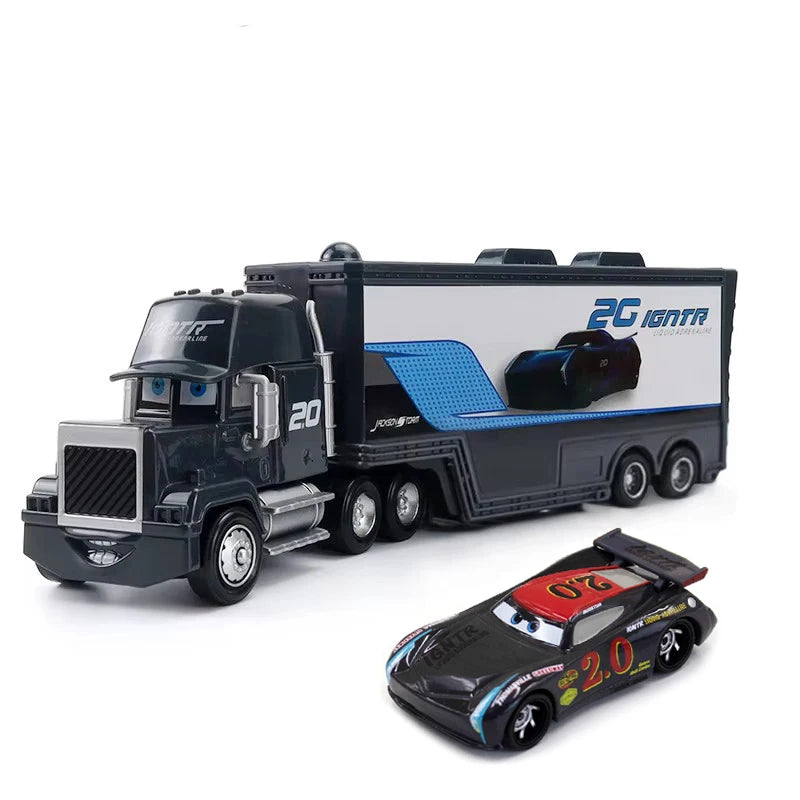 A black diecast toy hauler truck with a blue cargo area and a matching race car model.