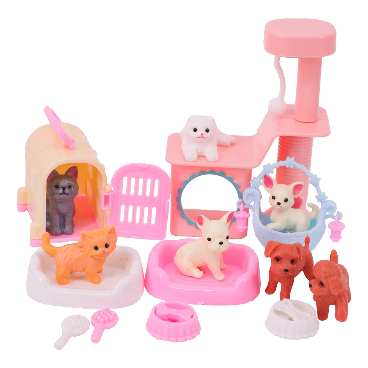 A pink mini dollhouse set with accessories including a pink building, a pink toilet, and various medical tools for dolls.