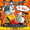 An interactive hand puppet of a husky dog wearing a yellow shirt ready for a boxing fight.