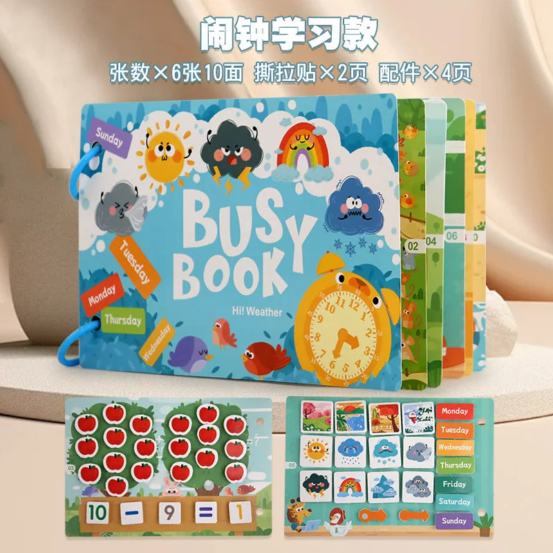 A colorful busy book set featuring 6 ten-page books and reusable stickers for toddlers.