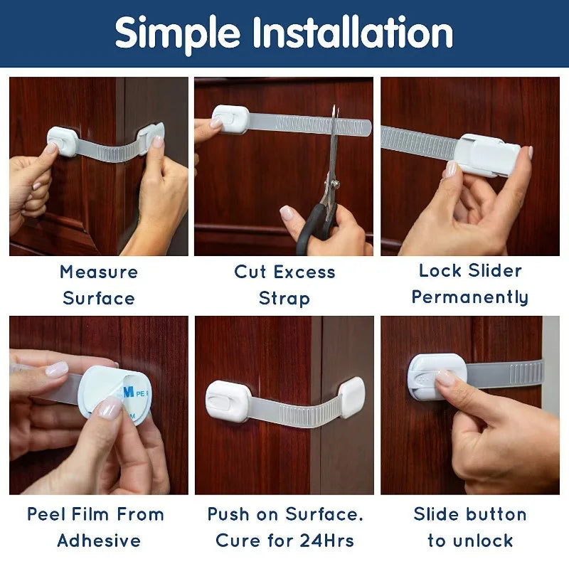 Instructions showing how to measure, cut, and install adhesive baby safety locks on a cabinet surface.