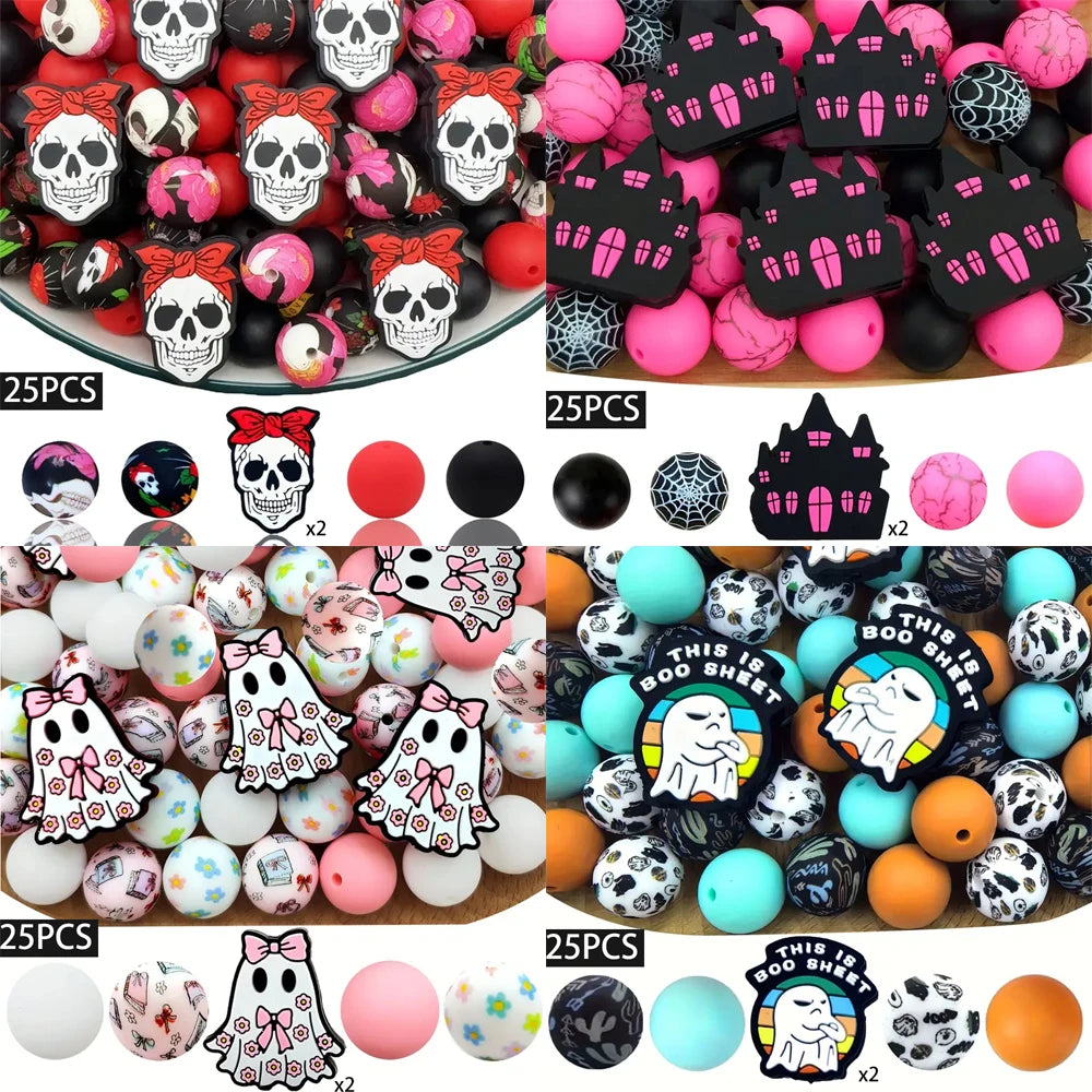 A collection of 25 silicone Halloween-themed beads and charms for jewelry making and crafting.