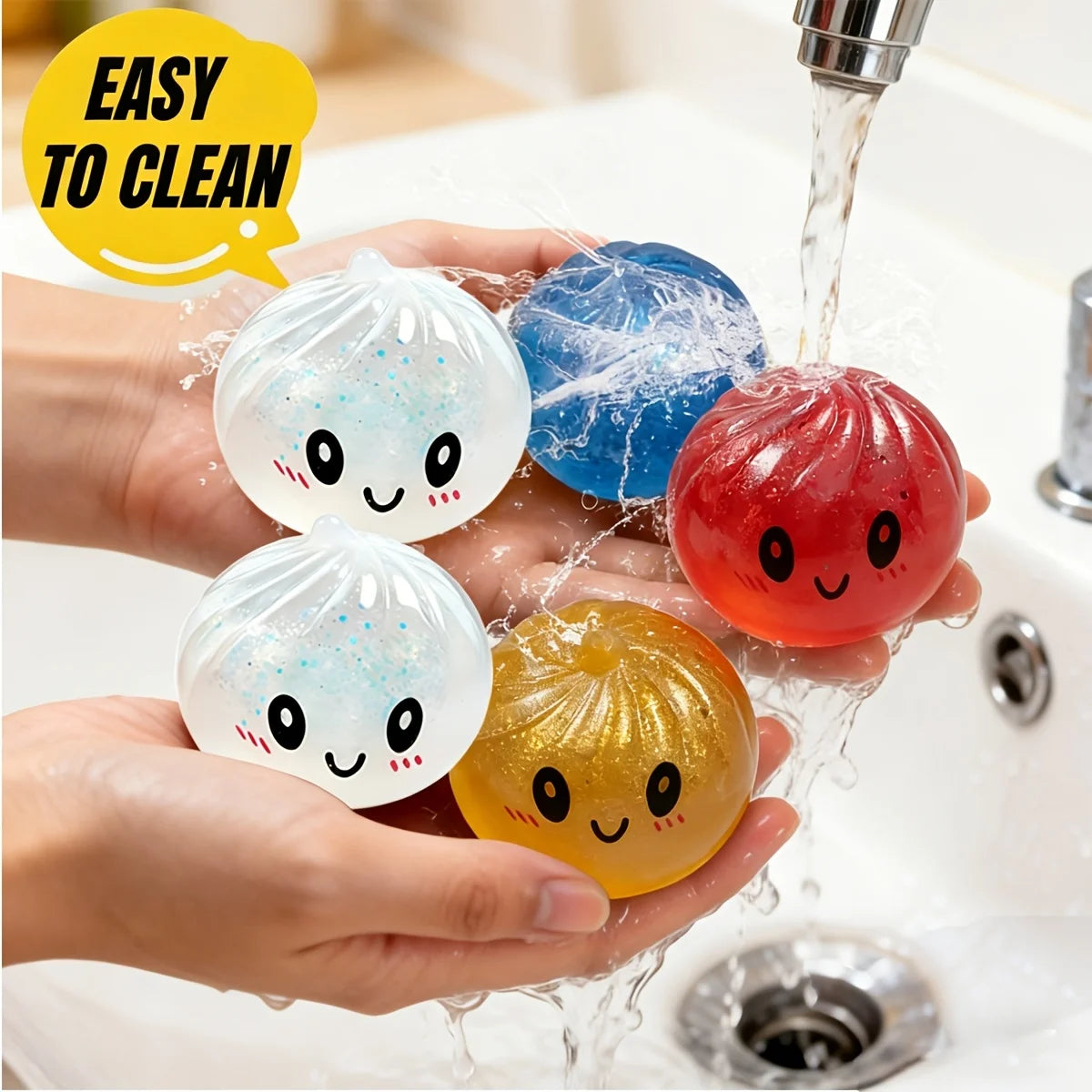 Hands hold colorful soft squeeze stress balls being rinsed under running water.