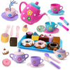 A kids tea party playset featuring a pink teapot, cups, cookies, and spoons on a blue tray.