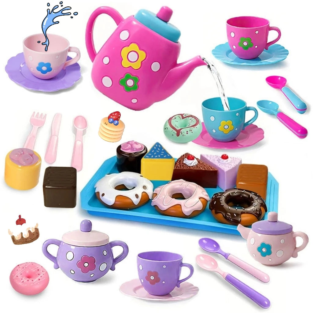 A kids tea party playset featuring a pink teapot, cups, cookies, and spoons on a blue tray.