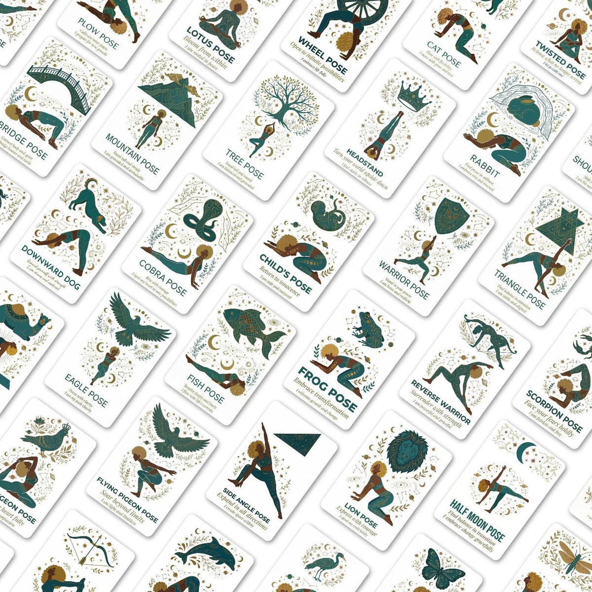 A collection of yoga pose affirmation cards featuring various poses like lotus, cat, and warrior poses.