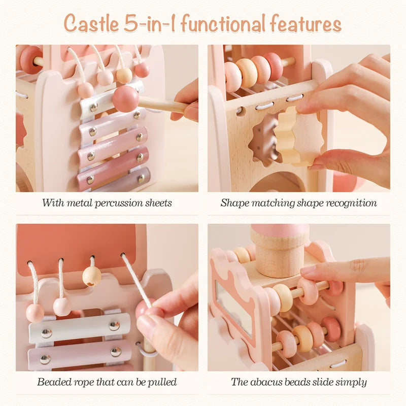 Wooden rocket stacking toy showing features like metal percussion sheets, shape matching recognition, and beaded rope.