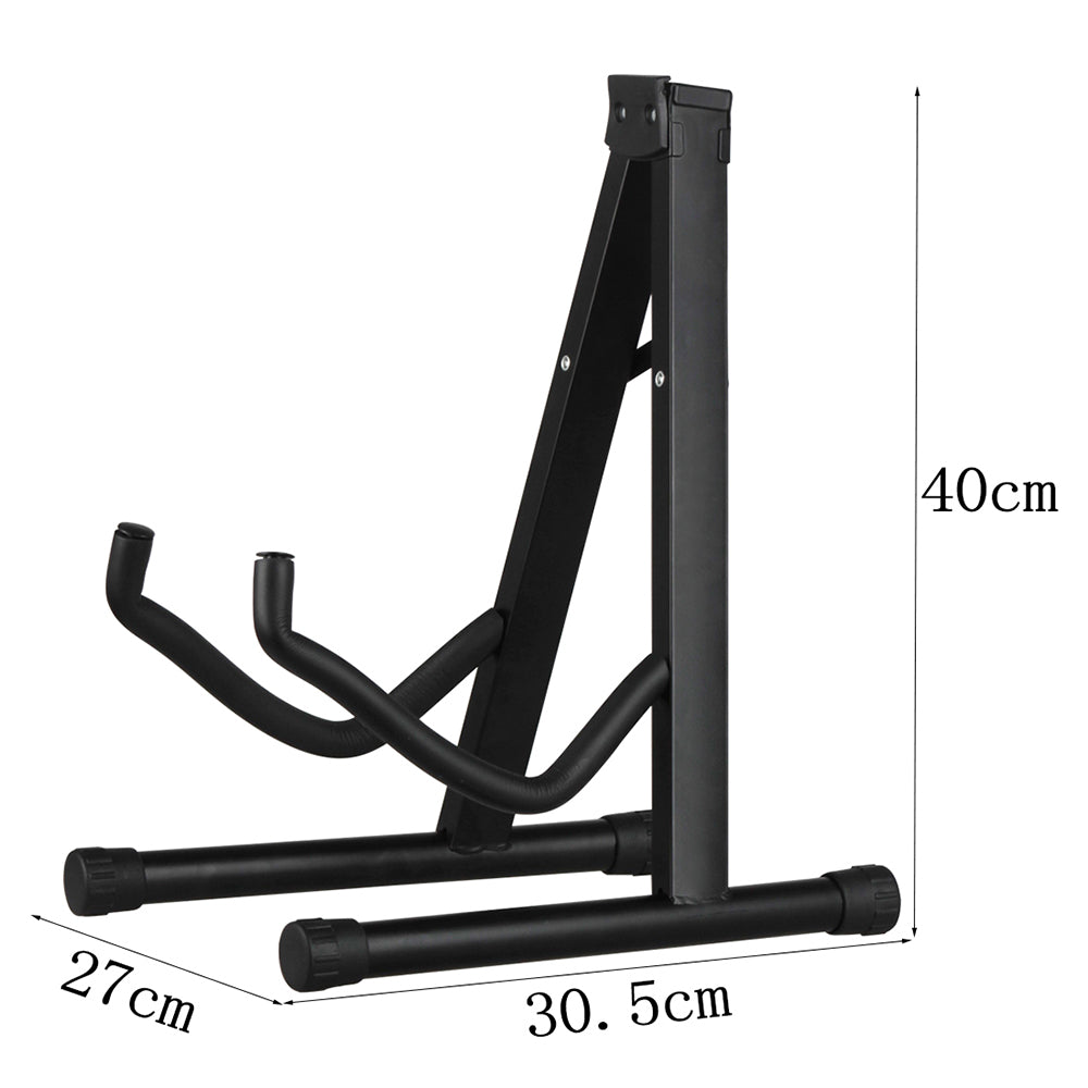 Black foldable metal guitar stand with adjustable arms and a vertical support column.