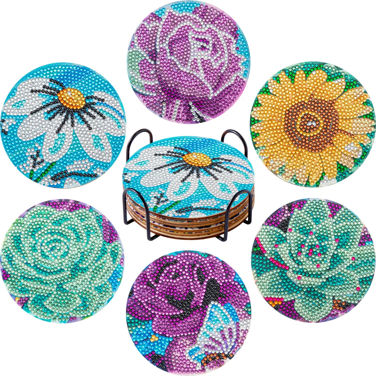 A set of seven colorful mandala flower coasters made from 5D diamond painting beads.