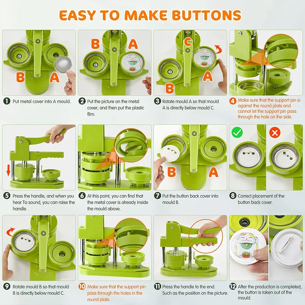 DIY Button Maker Machine Kit with Interchangeable Molds – 5 Sizes