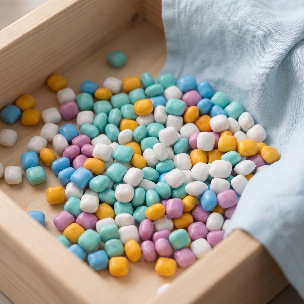 A wooden tray filled with colorful sensory play sand pellets in various pastel shades.