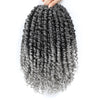 A bundle of pre-looped passion twist crochet hair in black and gray is held by a hand.