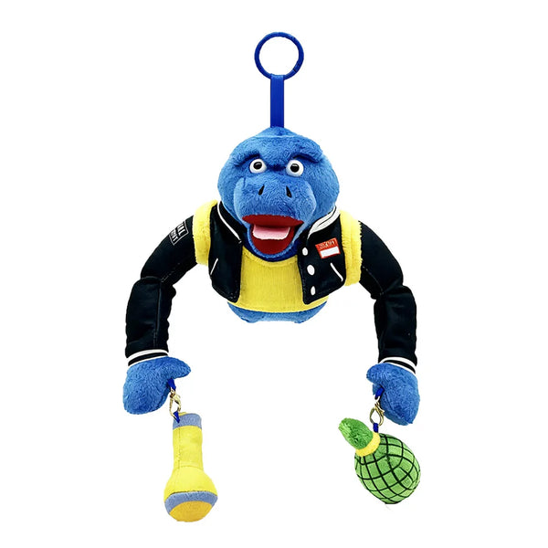 A blue animal plush toy with a hook and a green textured charm hanging from it.