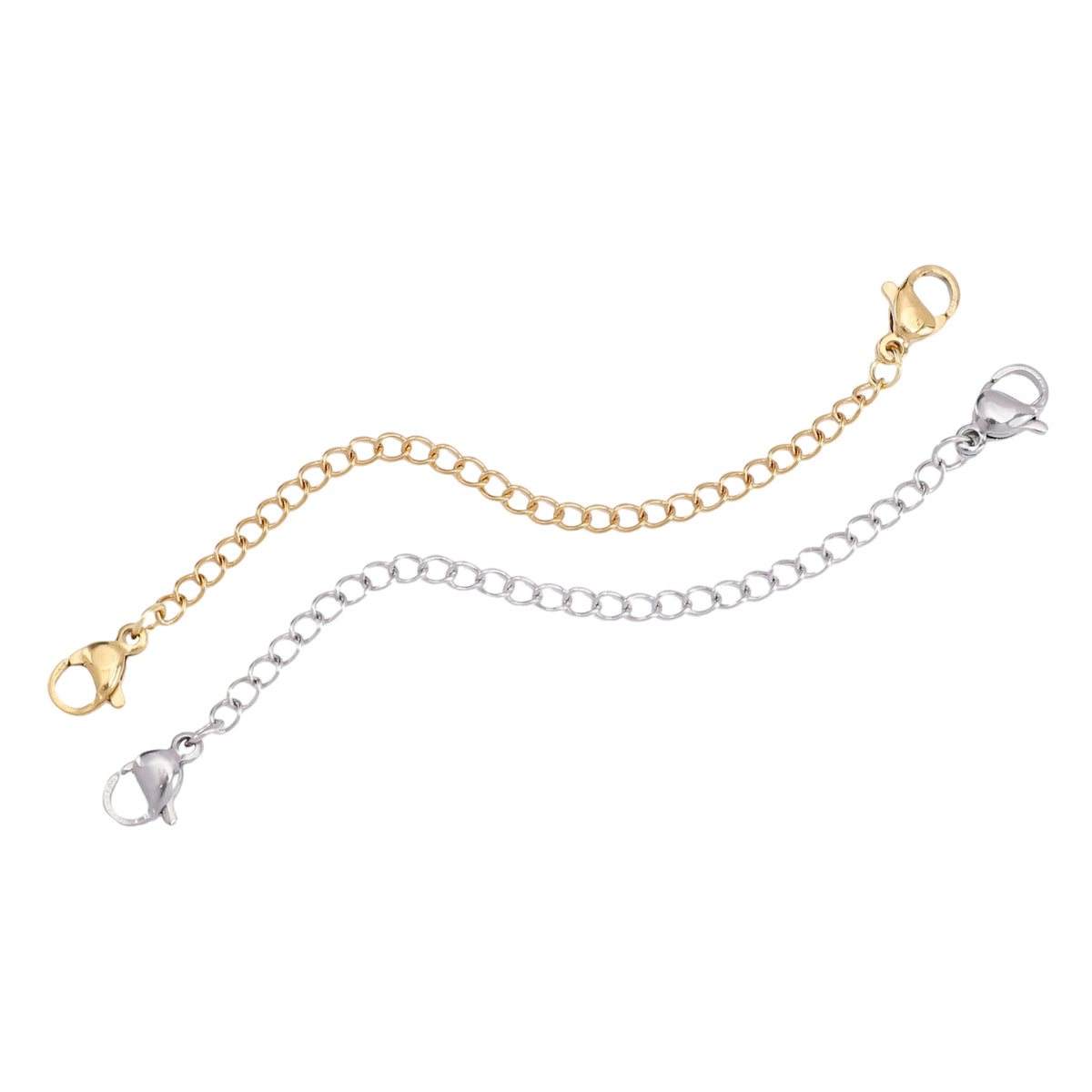 Two extension chains made of stainless steel with lobster clasps, one gold-toned and one silver-toned.