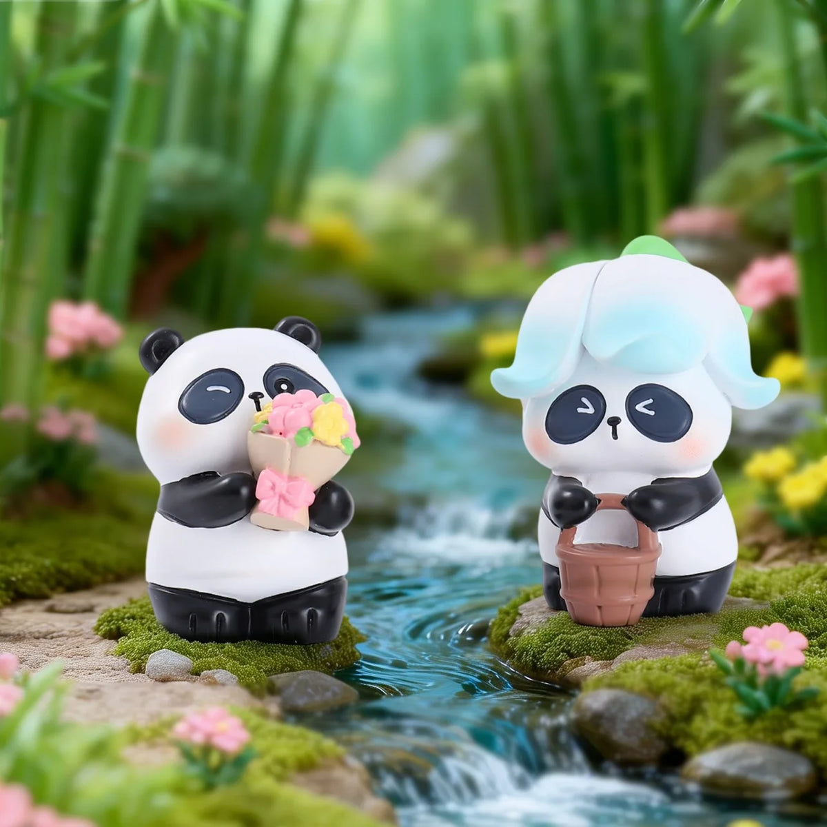 A cute blind box panda collectible figure with white and black coloring sitting near a small stream surrounded by green folia