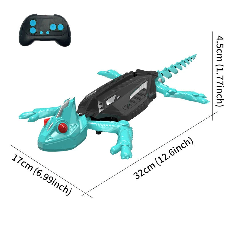 A teal and black remote control wall-climbing lizard robot toy with LED eyes shown from above and side views.