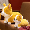 A fluffy yellow and white Corgi plush pillow sitting on a brown surface.
